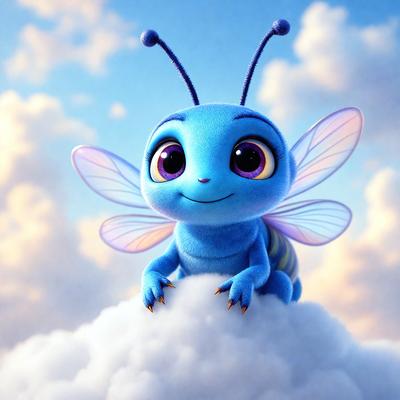 The primary subject of the image is a blue butterfly, which is sitting on a cloud. The setting is a cloudy sky, and the visual style is digital art. The dominant colors are blue and white, creating a calm and serene atmosphere.